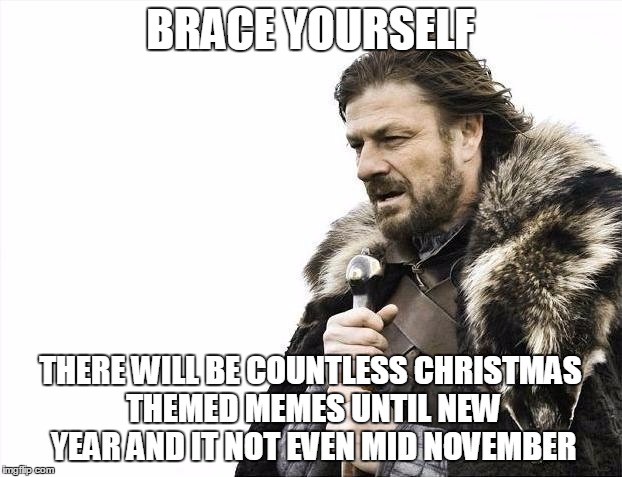 Brace Yourselves X is Coming | BRACE YOURSELF THERE WILL BE COUNTLESS CHRISTMAS THEMED MEMES UNTIL NEW YEAR AND IT NOT EVEN MID NOVEMBER | image tagged in memes,brace yourselves x is coming | made w/ Imgflip meme maker