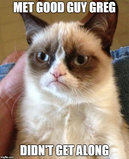 Grumpy Cat Meme | MET GOOD GUY GREG DIDN'T GET ALONG | image tagged in memes,grumpy cat | made w/ Imgflip meme maker