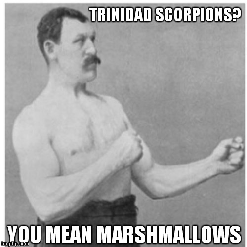 Overly Manly Man | TRINIDAD SCORPIONS? YOU MEAN MARSHMALLOWS | image tagged in memes,overly manly man | made w/ Imgflip meme maker