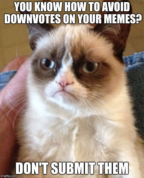 Grumpy Cat | YOU KNOW HOW TO AVOID DOWNVOTES ON YOUR MEMES? DON'T SUBMIT THEM | image tagged in memes,grumpy cat | made w/ Imgflip meme maker