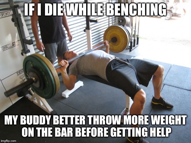 Real friend at the gym  | IF I DIE WHILE BENCHING MY BUDDY BETTER THROW MORE WEIGHT ON THE BAR BEFORE GETTING HELP | image tagged in gym | made w/ Imgflip meme maker