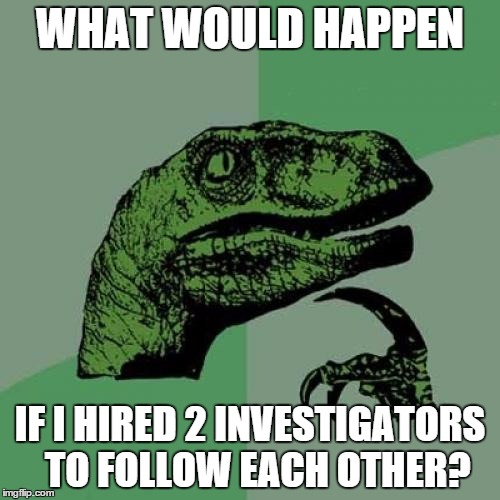 Philosoraptor | WHAT WOULD HAPPEN IF I HIRED 2 INVESTIGATORS  TO FOLLOW EACH OTHER? | image tagged in memes,philosoraptor | made w/ Imgflip meme maker