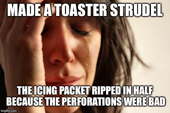 First World Problems | MADE A TOASTER STRUDEL THE ICING PACKET RIPPED IN HALF BECAUSE THE PERFORATIONS WERE BAD | image tagged in memes,first world problems | made w/ Imgflip meme maker