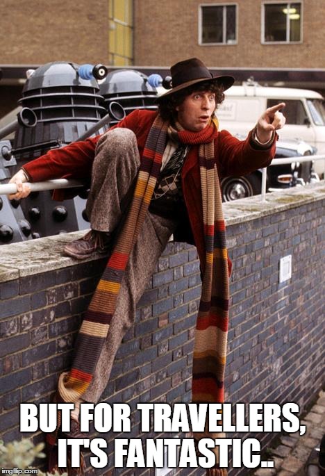 Tom Baker Scarf | BUT FOR TRAVELLERS, IT'S FANTASTIC.. | image tagged in tom baker scarf | made w/ Imgflip meme maker