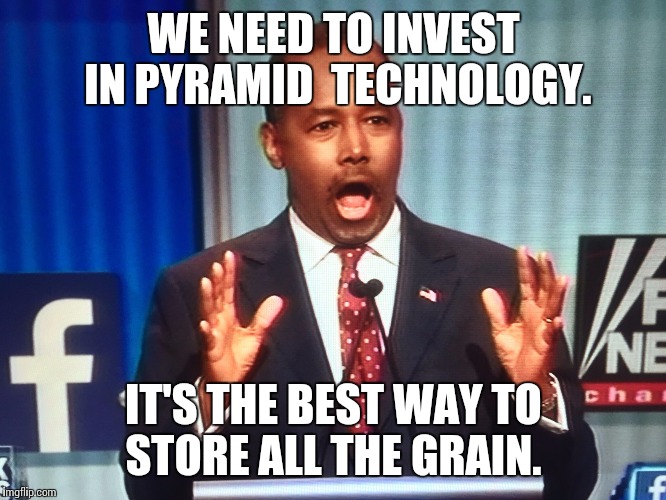 Surprised Ben Carson | WE NEED TO INVEST IN PYRAMID  TECHNOLOGY. IT'S THE BEST WAY TO STORE ALL THE GRAIN. | image tagged in surprised ben carson | made w/ Imgflip meme maker