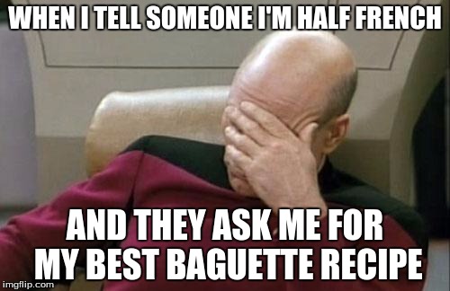 Captain Picard Facepalm Meme | WHEN I TELL SOMEONE I'M HALF FRENCH AND THEY ASK ME FOR MY BEST BAGUETTE RECIPE | image tagged in memes,captain picard facepalm | made w/ Imgflip meme maker