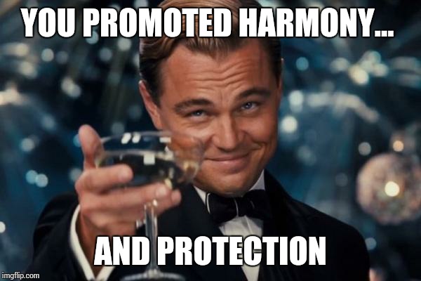 Leonardo Dicaprio Cheers Meme | YOU PROMOTED HARMONY... AND PROTECTION | image tagged in memes,leonardo dicaprio cheers | made w/ Imgflip meme maker