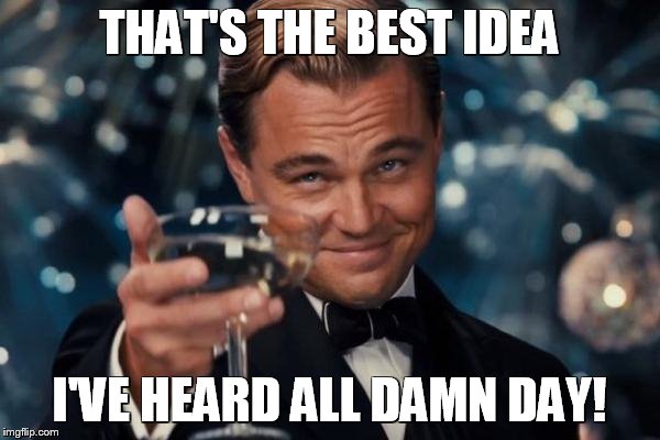 Leonardo Dicaprio Cheers Meme | THAT'S THE BEST IDEA I'VE HEARD ALL DAMN DAY! | image tagged in memes,leonardo dicaprio cheers | made w/ Imgflip meme maker