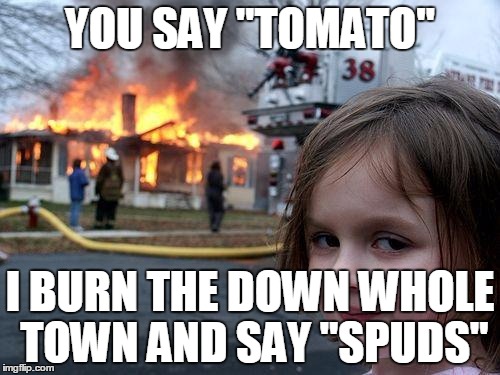 Disaster Girl | YOU SAY "TOMATO" I BURN THE DOWN WHOLE TOWN AND SAY "SPUDS" | image tagged in memes,disaster girl | made w/ Imgflip meme maker