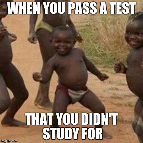 Third World Success Kid Meme | WHEN YOU PASS A TEST THAT YOU DIDN'T STUDY FOR | image tagged in memes,third world success kid | made w/ Imgflip meme maker