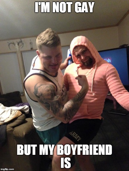 I'M NOT GAY BUT MY BOYFRIEND IS | image tagged in bros before bros | made w/ Imgflip meme maker