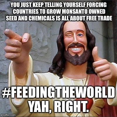 Buddy Christ Meme | YOU JUST KEEP TELLING YOURSELF FORCING COUNTRIES TO GROW MONSANTO OWNED SEED AND CHEMICALS IS ALL ABOUT FREE TRADE #FEEDINGTHEWORLD YAH, RIG | image tagged in memes,buddy christ | made w/ Imgflip meme maker