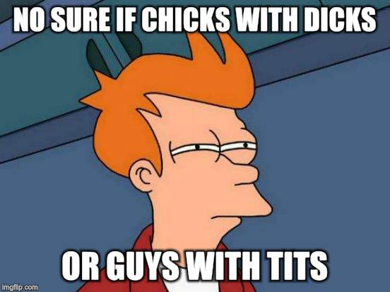 Futurama Fry Meme | NO SURE IF CHICKS WITH DICKS OR GUYS WITH TITS | image tagged in memes,futurama fry | made w/ Imgflip meme maker