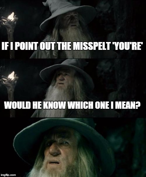 Confused Gandalf Meme | IF I POINT OUT THE MISSPELT 'YOU'RE' WOULD HE KNOW WHICH ONE I MEAN? | image tagged in memes,confused gandalf | made w/ Imgflip meme maker