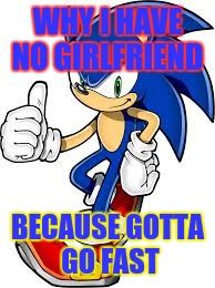 Sonic | WHY I HAVE NO GIRLFRIEND BECAUSE GOTTA GO FAST | image tagged in memes | made w/ Imgflip meme maker
