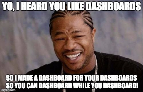 Yo Dawg Heard You Meme | YO, I HEARD YOU LIKE DASHBOARDS SO I MADE A DASHBOARD FOR YOUR DASHBOARDS SO YOU CAN DASHBOARD WHILE YOU DASHBOARD! | image tagged in memes,yo dawg heard you | made w/ Imgflip meme maker