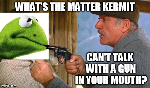 WHAT'S THE MATTER KERMIT CAN'T TALK WITH A GUN IN YOUR MOUTH? | made w/ Imgflip meme maker