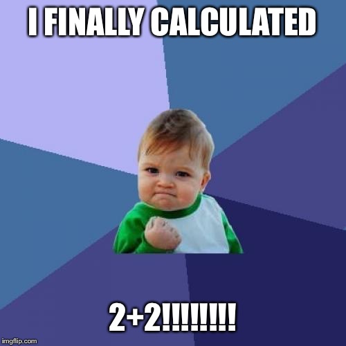 Success Kid Meme | I FINALLY CALCULATED 2+2!!!!!!!! | image tagged in memes,success kid | made w/ Imgflip meme maker