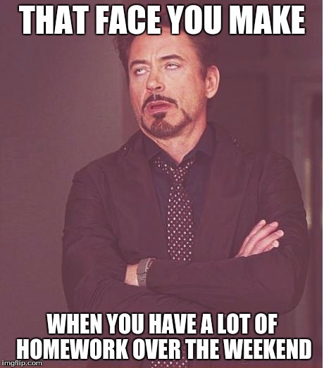 Face You Make Robert Downey Jr Meme | THAT FACE YOU MAKE WHEN YOU HAVE A LOT OF HOMEWORK OVER THE WEEKEND | image tagged in memes,face you make robert downey jr | made w/ Imgflip meme maker