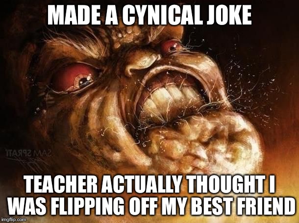 rage painting | MADE A CYNICAL JOKE TEACHER ACTUALLY THOUGHT I WAS FLIPPING OFF MY BEST FRIEND | image tagged in rage painting | made w/ Imgflip meme maker