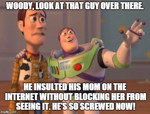 X, X Everywhere Meme | WOODY, LOOK AT THAT GUY OVER THERE. HE INSULTED HIS MOM ON THE INTERNET WITHOUT BLOCKING HER FROM SEEING IT. HE'S SO SCREWED NOW! | image tagged in memes,x x everywhere | made w/ Imgflip meme maker
