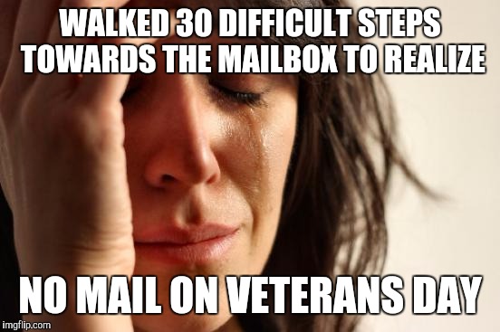 First World Problems Meme | WALKED 30 DIFFICULT STEPS TOWARDS THE MAILBOX TO REALIZE NO MAIL ON VETERANS DAY | image tagged in memes,first world problems | made w/ Imgflip meme maker