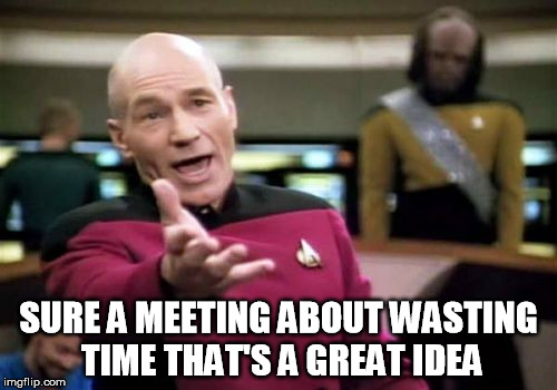 Picard Wtf | SURE A MEETING ABOUT WASTING TIME THAT'S A GREAT IDEA | image tagged in memes,picard wtf | made w/ Imgflip meme maker