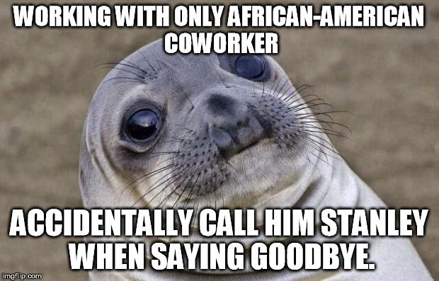 Awkward Moment Sealion Meme | WORKING WITH ONLY AFRICAN-AMERICAN COWORKER ACCIDENTALLY CALL HIM STANLEY WHEN SAYING GOODBYE. | image tagged in memes,awkward moment sealion,AdviceAnimals | made w/ Imgflip meme maker