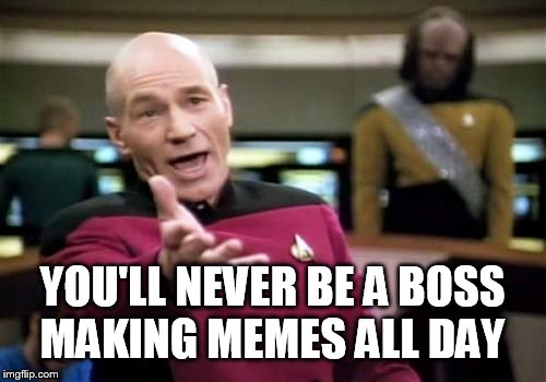 Picard Wtf Meme | YOU'LL NEVER BE A BOSS MAKING MEMES ALL DAY | image tagged in memes,picard wtf | made w/ Imgflip meme maker