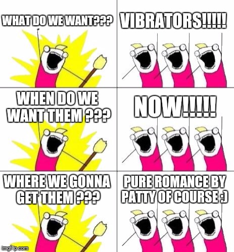 What Do We Want 3 Meme | WHAT DO WE WANT??? VIBRATORS!!!!! WHEN DO WE WANT THEM ??? NOW!!!!! WHERE WE GONNA GET THEM ??? PURE ROMANCE BY PATTY OF COURSE :) | image tagged in memes,what do we want 3 | made w/ Imgflip meme maker