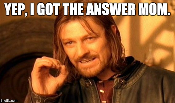 One Does Not Simply Meme | YEP, I GOT THE ANSWER MOM. | image tagged in memes,one does not simply | made w/ Imgflip meme maker