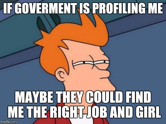 Futurama Fry Meme | IF GOVERMENT IS PROFILING ME MAYBE THEY COULD FIND ME THE RIGHT JOB AND GIRL | image tagged in memes,futurama fry,government,job,girlfriend,profile | made w/ Imgflip meme maker