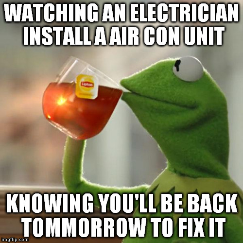But That's None Of My Business | WATCHING AN ELECTRICIAN INSTALL A AIR CON UNIT KNOWING YOU'LL BE BACK TOMMORROW TO FIX IT | image tagged in memes,but thats none of my business,kermit the frog | made w/ Imgflip meme maker