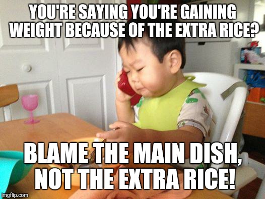 No Bullshit Business Baby | YOU'RE SAYING YOU'RE GAINING WEIGHT BECAUSE OF THE EXTRA RICE? BLAME THE MAIN DISH, NOT THE EXTRA RICE! | image tagged in memes,no bullshit business baby | made w/ Imgflip meme maker