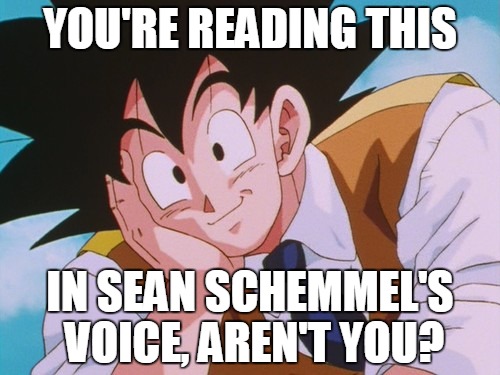 Condescending Goku | YOU'RE READING THIS IN SEAN SCHEMMEL'S VOICE, AREN'T YOU? | image tagged in memes,condescending goku | made w/ Imgflip meme maker