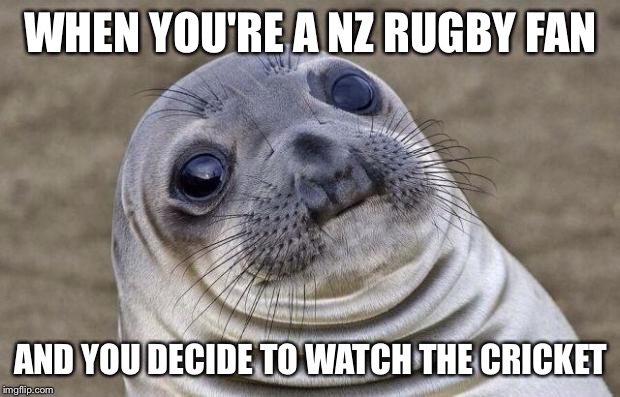 Awkward Moment Sealion Meme | WHEN YOU'RE A NZ RUGBY FAN AND YOU DECIDE TO WATCH THE CRICKET | image tagged in memes,awkward moment sealion | made w/ Imgflip meme maker