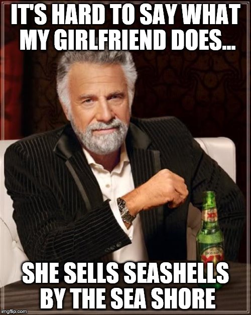 Her brother is Peter Piper... | IT'S HARD TO SAY WHAT MY GIRLFRIEND DOES... SHE SELLS SEASHELLS BY THE SEA SHORE | image tagged in memes,the most interesting man in the world,girlfriend,beach | made w/ Imgflip meme maker