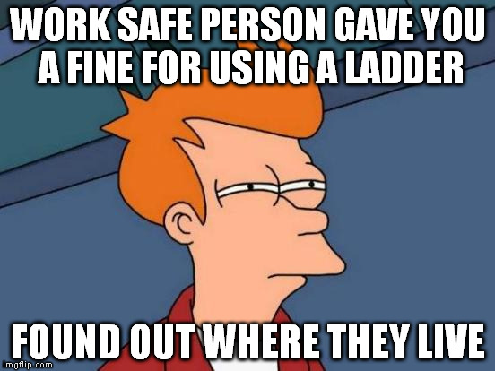 Futurama Fry Meme | WORK SAFE PERSON GAVE YOU A FINE FOR USING A LADDER FOUND OUT WHERE THEY LIVE | image tagged in memes,futurama fry | made w/ Imgflip meme maker