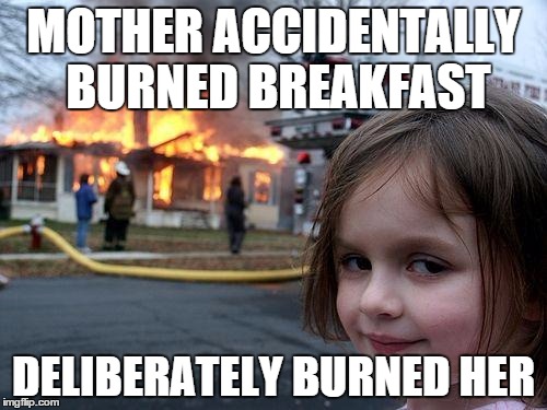 Disaster Girl Meme | MOTHER ACCIDENTALLY BURNED BREAKFAST DELIBERATELY BURNED HER | image tagged in memes,disaster girl | made w/ Imgflip meme maker