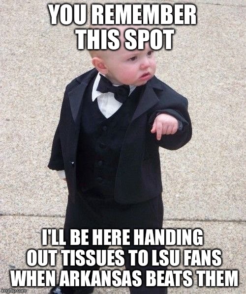 Baby Godfather | YOU REMEMBER THIS SPOT I'LL BE HERE HANDING OUT TISSUES TO LSU FANS WHEN ARKANSAS BEATS THEM | image tagged in memes,baby godfather | made w/ Imgflip meme maker