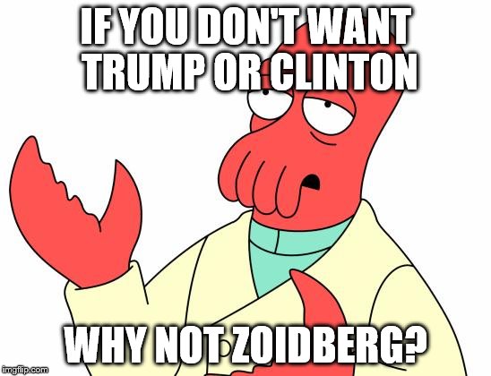 You know it makes sense | IF YOU DON'T WANT TRUMP OR CLINTON WHY NOT ZOIDBERG? | image tagged in memes,futurama zoidberg,trump,clinton,politics | made w/ Imgflip meme maker