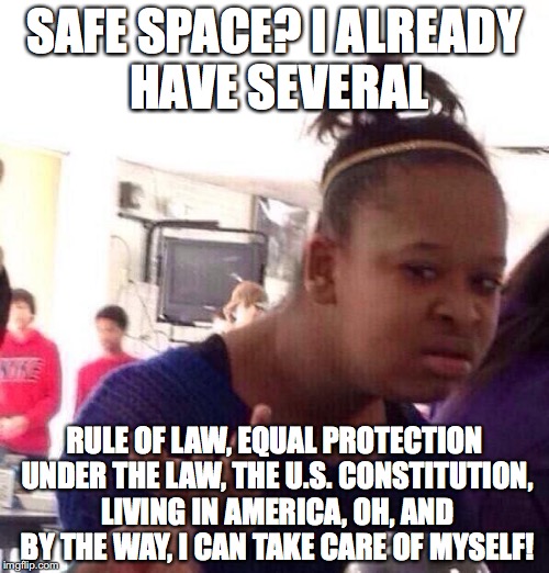 Surrounded by Safe Spaces | SAFE SPACE? I ALREADY HAVE SEVERAL RULE OF LAW, EQUAL PROTECTION UNDER THE LAW, THE U.S. CONSTITUTION, LIVING IN AMERICA, OH, AND BY THE WAY | image tagged in memes,black girl wat | made w/ Imgflip meme maker