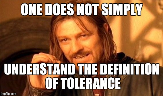 One Does Not Simply Meme | ONE DOES NOT SIMPLY UNDERSTAND THE DEFINITION OF TOLERANCE | image tagged in memes,one does not simply | made w/ Imgflip meme maker