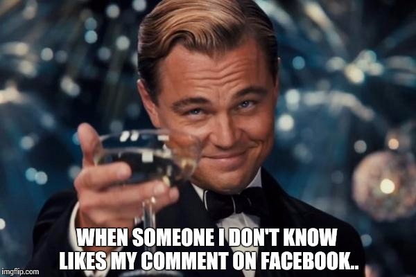 Leonardo Dicaprio Cheers | WHEN SOMEONE I DON'T KNOW LIKES MY COMMENT ON FACEBOOK.. | image tagged in memes,leonardo dicaprio cheers | made w/ Imgflip meme maker