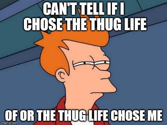 Futurama Fry | CAN'T TELL IF I CHOSE THE THUG LIFE OF OR THE THUG LIFE CHOSE ME | image tagged in memes,futurama fry | made w/ Imgflip meme maker