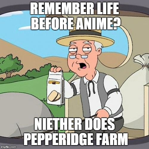 Pepperidge Farm Remembers Meme | REMEMBER LIFE BEFORE ANIME? NIETHER DOES PEPPERIDGE FARM | image tagged in memes,pepperidge farm remembers | made w/ Imgflip meme maker