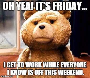 TED Meme | OH YEA! IT'S FRIDAY... I GET TO WORK WHILE EVERYONE I KNOW IS OFF THIS WEEKEND. | image tagged in memes,ted | made w/ Imgflip meme maker