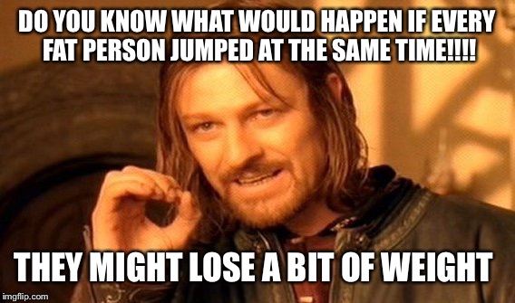 Fat Americans  | DO YOU KNOW WHAT WOULD HAPPEN IF EVERY FAT PERSON JUMPED AT THE SAME TIME!!!! THEY MIGHT LOSE A BIT OF WEIGHT | image tagged in memes,one does not simply,fat america,funny,omg | made w/ Imgflip meme maker
