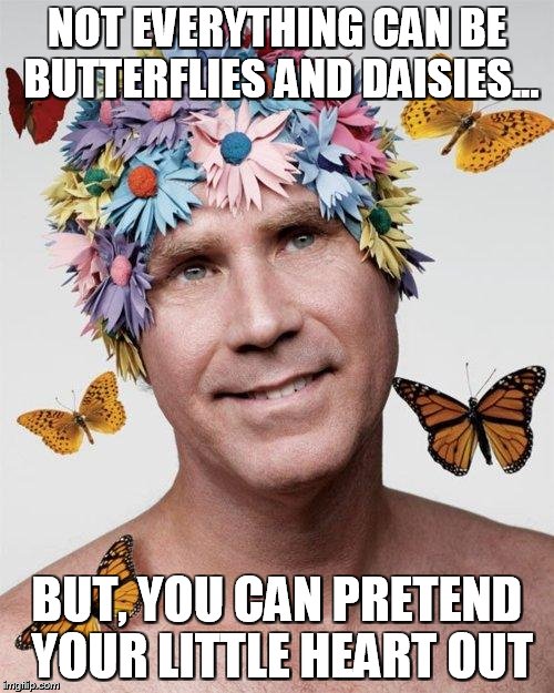 Will Ferrell | NOT EVERYTHING CAN BE BUTTERFLIES AND DAISIES... BUT, YOU CAN PRETEND YOUR LITTLE HEART OUT | image tagged in will ferrell | made w/ Imgflip meme maker