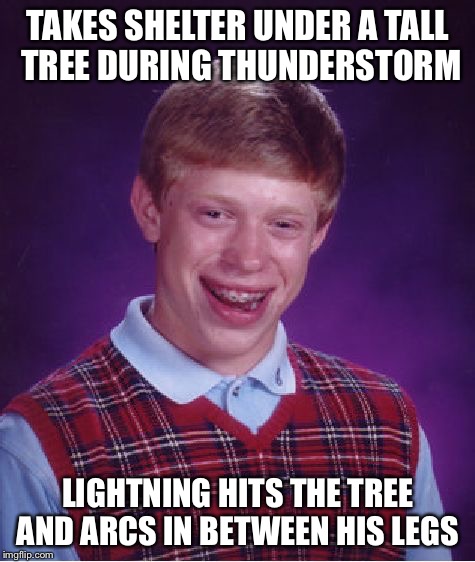 Of all the places  | TAKES SHELTER UNDER A TALL TREE DURING THUNDERSTORM LIGHTNING HITS THE TREE AND ARCS IN BETWEEN HIS LEGS | image tagged in memes,bad luck brian | made w/ Imgflip meme maker
